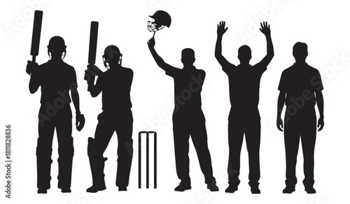  Silhouette of a cricket team celebrating a victory with bats and stumps on white background