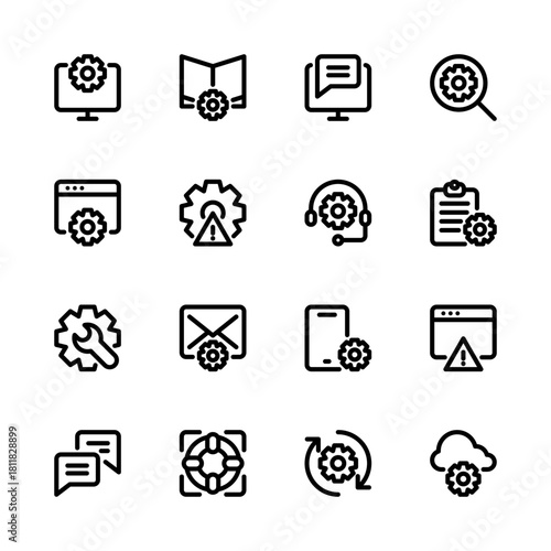 IT support icons. Technology, search, manual, help, message, cloud computing, troubleshooting, and more icons. Line icon set. 
