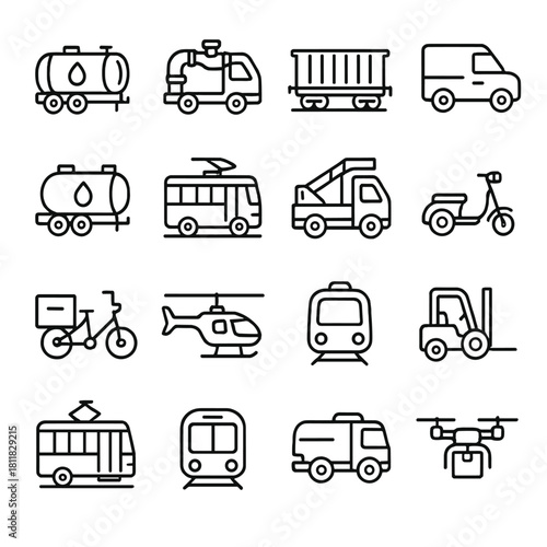 Transportation linear icons set. featuring truck, train, bus, helicopter, forklift, drone, and bike symbols
