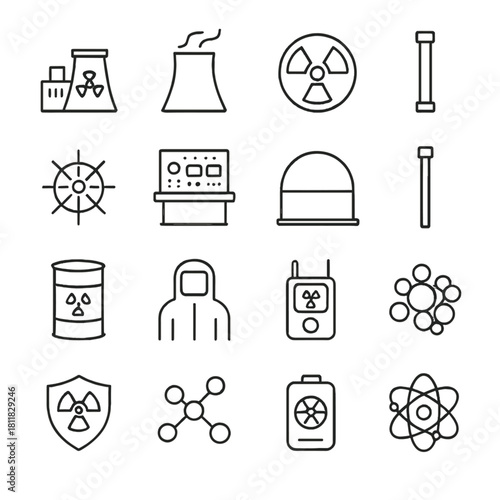 Nuclear energy flat icon set. featuring reactor, radiation, protection, atom, and chemistry symbols