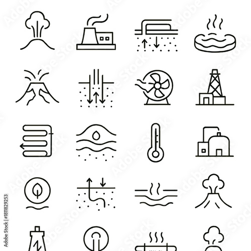 Geothermal energy linear icons set. featuring volcano, plant, heat, spa, fan, and pipeline symbols