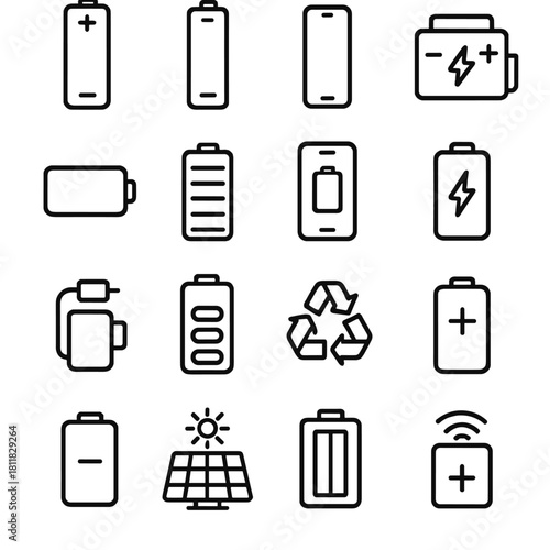 Battery silhouette icons set. featuring low, full, charging, recycle, solar, and wireless symbols