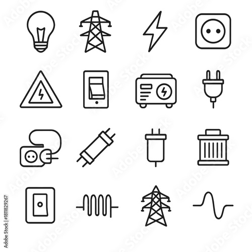 Electrical equipment linear icon set. featuring bulb, tower, bolt, socket, plug, phone, generator, transformer, switch
