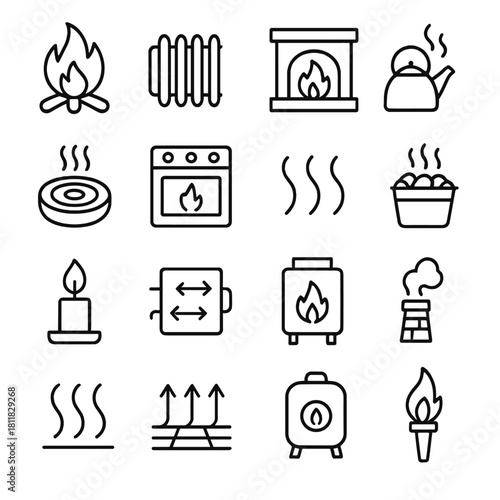 Heating and warmth linear icon set. featuring campfire, radiator, fireplace, kettle, and stove symbols