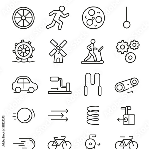 Linear fitness icons set. featuring running, biking, treadmill, dumbbell, gear, and windmill symbols