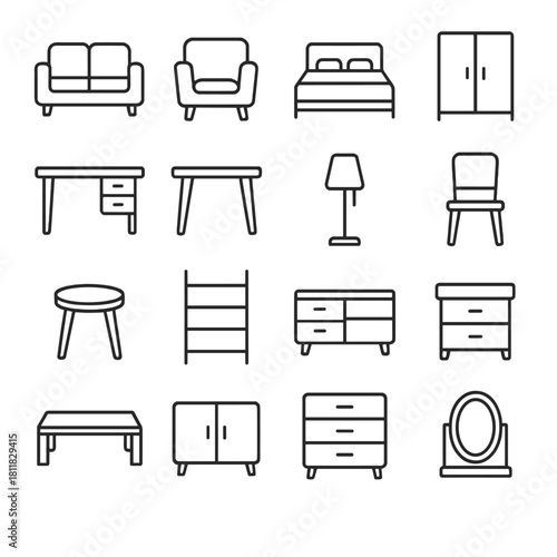 Furniture linear icons set. featuring sofa, bed, wardrobe, desk, table, lamp, chair, cupboard, mirror, dresser