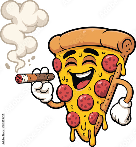 Funny cartoon pizza slice character smoking cigar with smoke, tasty pepperoni cheese food mascot illustration, comic style artwork, cad drawing flat vector illustration