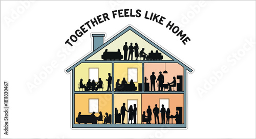 Flat home illustration showing many people together inside a house. Flat home showcases several rooms each containing different groups of people interacting.