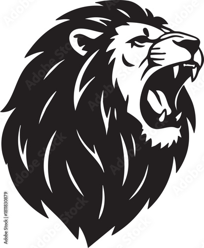 Roaring Lion Head Vector Silhouette, Black and White Animal Icon