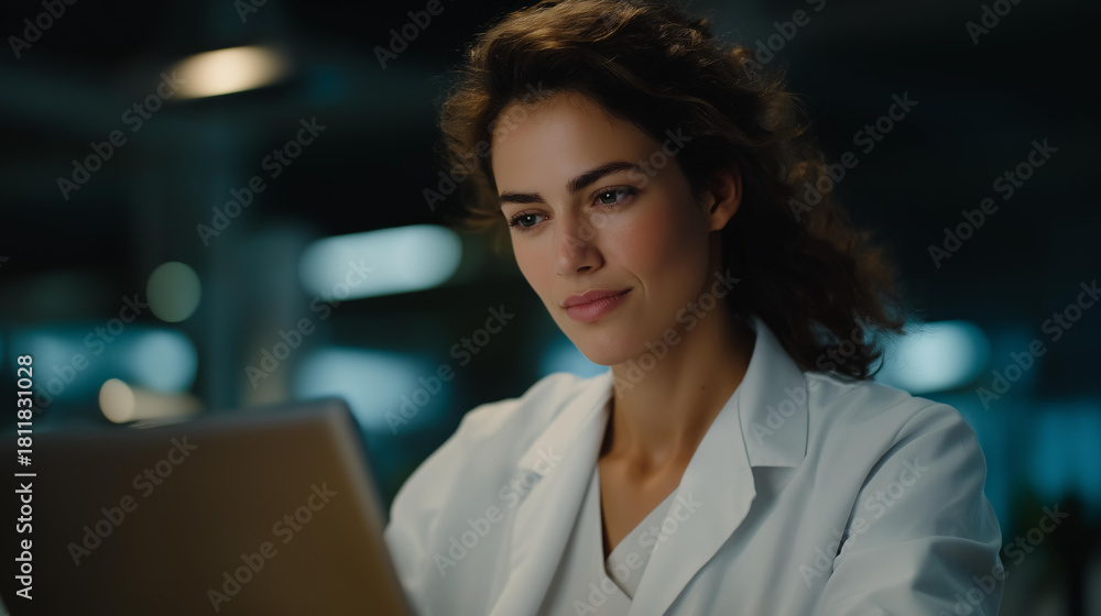 Obraz premium A scientist staying overnight in the lab for the seventh night in a row, monitoring critical data instead of attending a family celebration — research sacrifice, scientific commitment, and pursuit