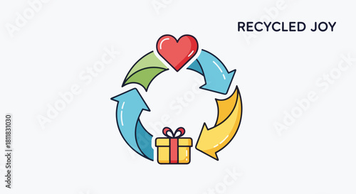 Flat icon presents circular arrows and a heart shape on clean background. Flat icon shows a looped process, with each arrow pointing to next item.