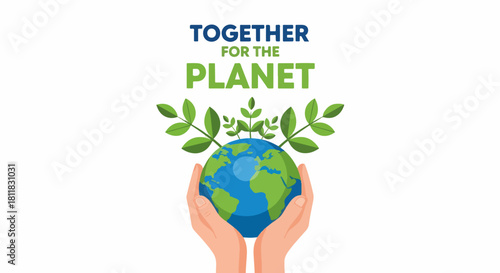 Flat illustration showing planet held by hands surrounded by leaves. Earth illustration in flat design embodies environmental awareness and sustainability.