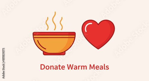 Flat vector design displays warm food bowl next to red heart. Flat vector shows hot food symbol for charity and warm support, with graphic icon as visual aid.