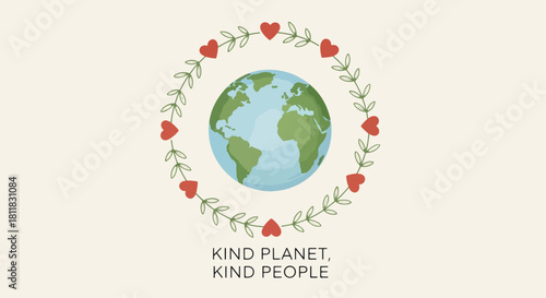 Globe flat vector shows Earth surrounded by wreath of leaves and hearts, symbolizing care and love. Globe illustration presents gentle environment, emphasizing a kind planet.