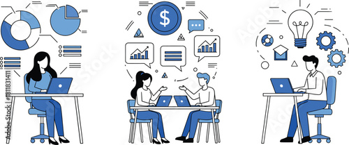 Three Scenes of Corporate Workflow and Development, Illustrating Data Processing, Financial Consultation, and Technological Innovation in a Modern Blue Outline Vector Style.