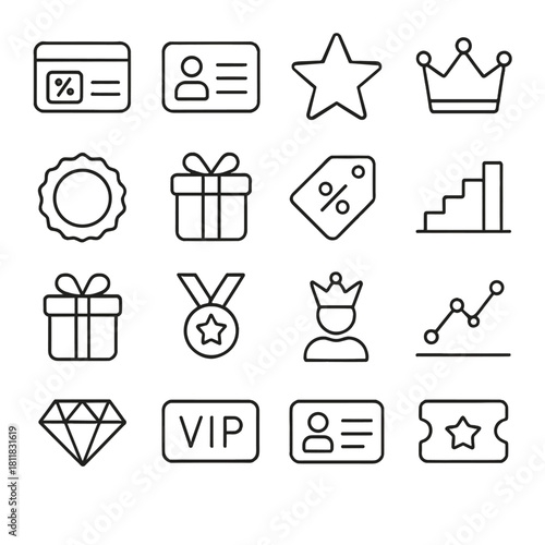 Business and rewards linear icon set. featuring id card, star, crown, gift, tag, and vip symbols