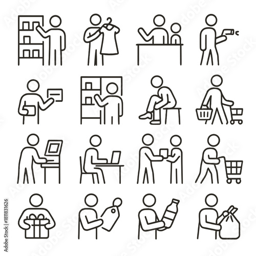 Shopping and retail linear icon set. featuring buyers, cash registers, clothing, groceries, payment, checkout, cart, scanner
