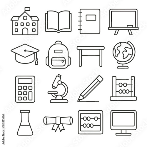 Education linear icon set. featuring school, book, notebook, blackboard, graduation cap, backpack, desk, globe, calculator, microscope, pencil, abacus, flask, diploma, computer