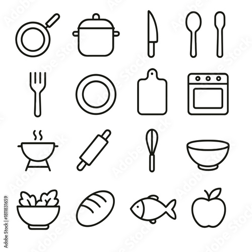 Kitchen tools linear icons set. featuring pan, pot, knife, cutlery, plate, cutting board, oven, grill, bowl, and whisk