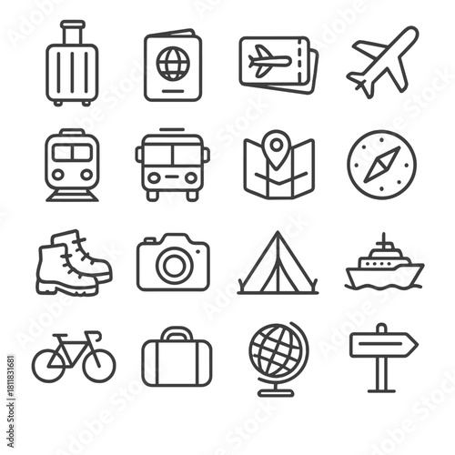 Travel essentials linear icon set. featuring luggage, passport, airplane, train, bus, map, compass, and camera symbols