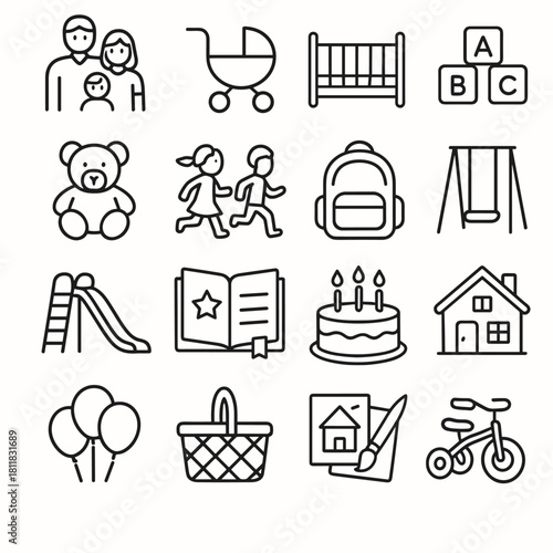 Family and childhood linear icon set. featuring parents, stroller, crib, toys, backpack, and bicycle symbols