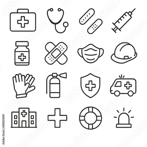 Medical linear icon set. featuring first aid, stethoscope, bandages, syringe, mask, gloves, ambulance, and hospital symbols