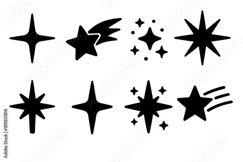 Celestial silhouette icon set. featuring star, comet, sparkle, twinkle, and cosmos symbols