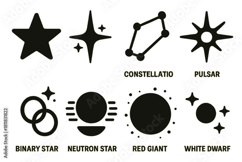 Astronomy silhouette icon set. featuring star, constellation, pulsar, binary star, neutron star, red giant, white dwarf