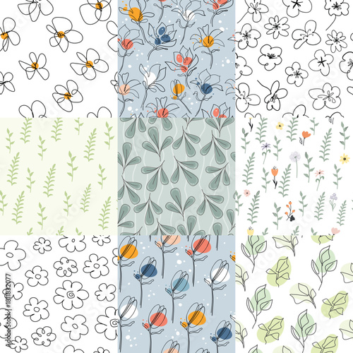 A set of simple seamless floral patterns. A collection of hand-drawn linear, black and white, and lilac flowers, including tulips.