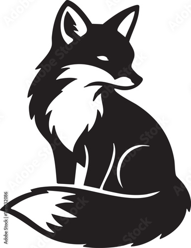 Stylized Sitting Fox Silhouette Vector Logo, Black and White Animal Icon