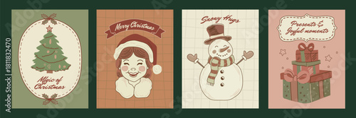 Vintage Christmas banner set in pencil chalk drawing style. Cozy festive posters with gifts, Christmas tree, snowman. Retro New Year vector design for greeting cards and party invitations.