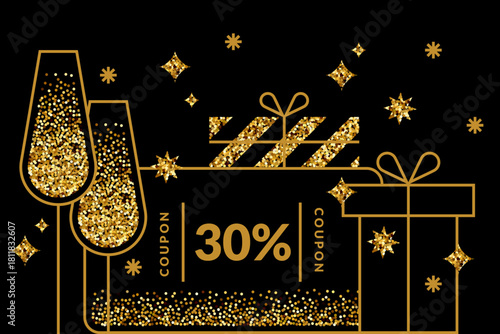 Vector holiday discount coupon with golden glitter champagne glasses, gift boxes, and stars on black background