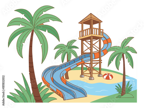Water slide with palm trees at a tropical water park