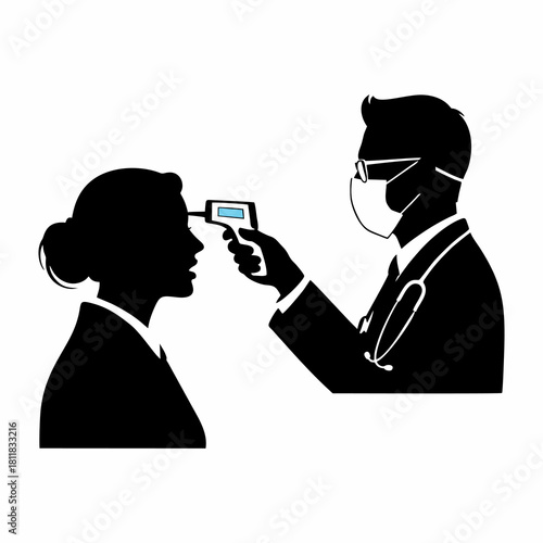 silhouette vector of a doctor checking a patient's body temperature
