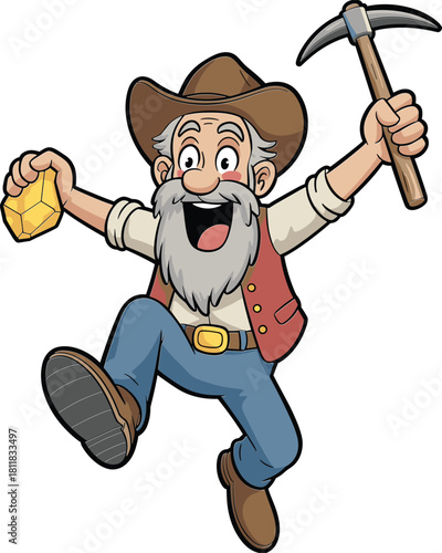 Old gold miner cartoon character holding pickaxe and gold nugget, happy prospector illustration, vintage worker design - cad drawing flat vector illustration