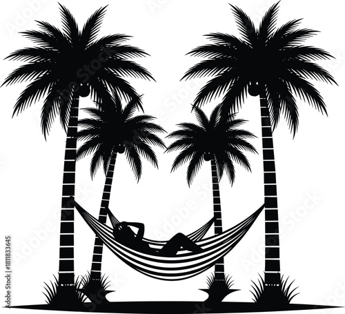 Black silhouette vector of person resting in hammock between coconut palm trees, tropical beach summer holiday concept for travel design and relaxation art