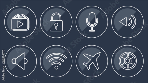collection of glass buttons featuring various icons, each representing different functions or actions..eps