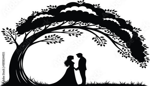 Black silhouette vector of wedding couple standing under large arching tree, romantic love background for marriage invitation card design and engagement art