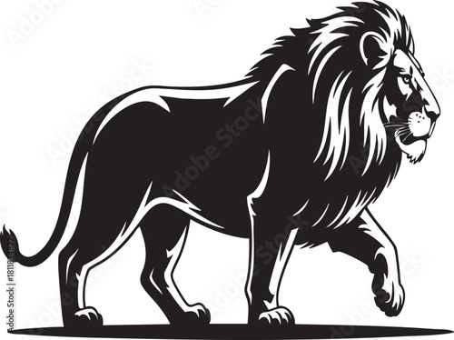 A striking black silhouette of a male lion with a full mane, captured in mid-stride against a white background.