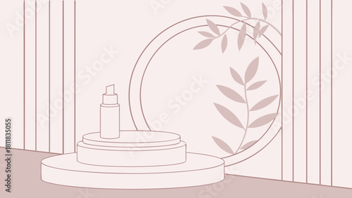 Vibrant pink stage adorned with a round mirror, complemented by a pink wall for a unified look..eps