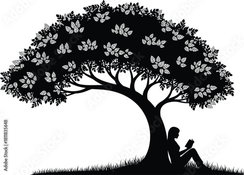 Black silhouette vector of woman sitting under large tree reading a book, peaceful nature background for education and leisure concept art