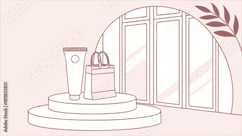 Pink stage featuring a round mirror against a matching pink wall, creating a cohesive and vibrant aesthetic..eps