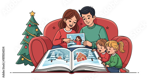 A happy cartoon family of four on a red armchair, reading a large winter storybook and looking at a photograph together by a Christmas tree.
