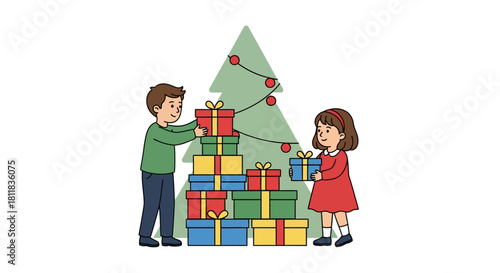 Cartoon children arranging colorful Christmas gifts around a simple green tree.