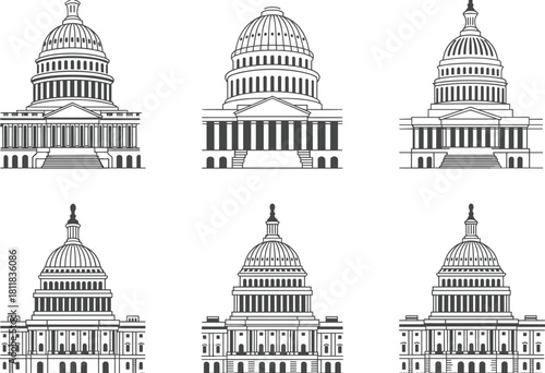 Capitol building dome architectural landmark, government monument illustration, historic parliament structure design, classical architecture drawing, cad drawing flat vector illustration