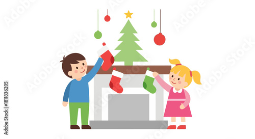 Cheerful Children Decorating Christmas Fireplace with Festive Stockings and Ornaments.