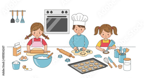 Cheerful cartoon children baking cookies, boy in chef hat, girls rolling dough and cutting shapes.