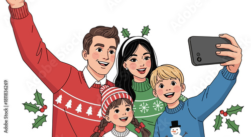 Cheerful Family Taking a Selfie, Wearing Festive Christmas Sweaters and Smiling.