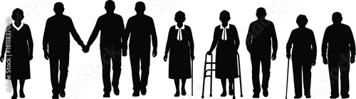 Group of Senior People Silhouettes Walking Together: Elderly Men and Women Showing Diverse Poses, Holding Hands, and Using Mobility Aids, Flat Vector 