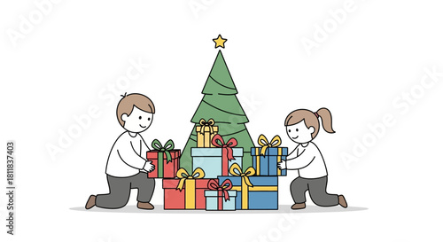 Happy cartoon children placing colorful wrapped gifts around a simple Christmas tree.
